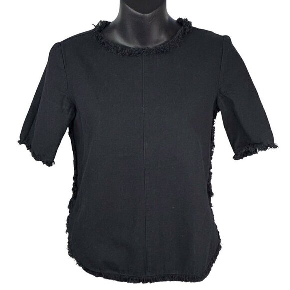 Zara Trafaluc Short Sleeve Round Hem Fringe Trim Black Top Women’s XS ACADEMIA - Picture 1 of 7